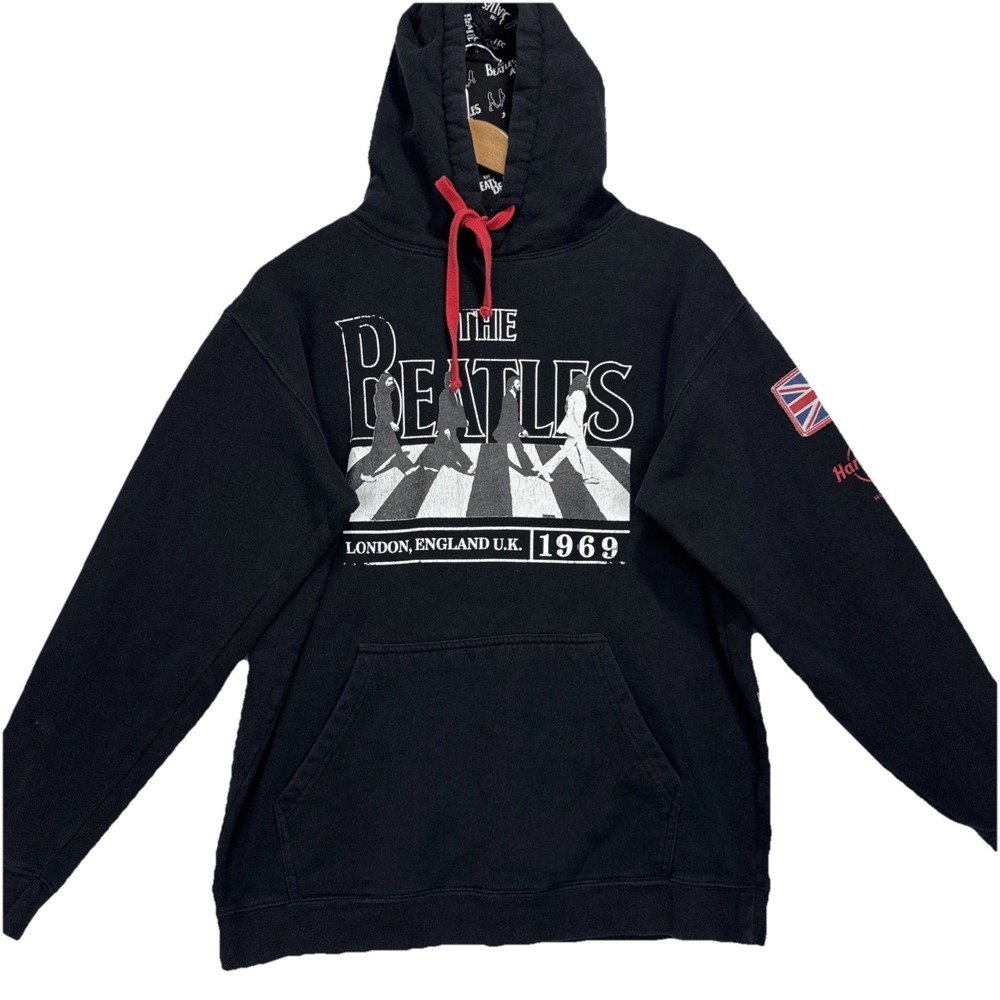VTG 90s The Beatles X Hard‎ Rock Cafe Hoodie Mens Small Black Comfy Preppy